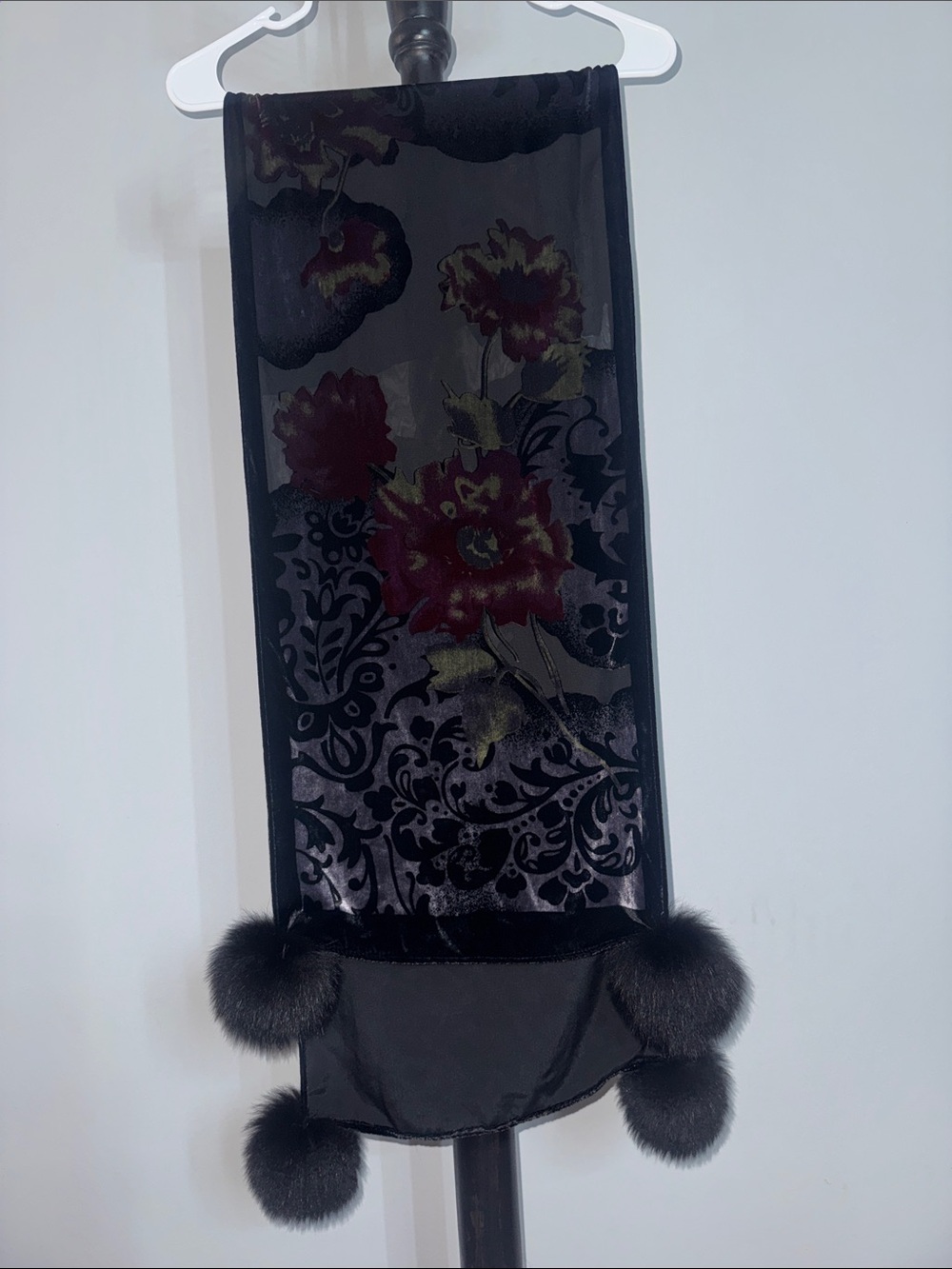 Black Floral Velvet Scarf with Pom Pom Trim 37.T